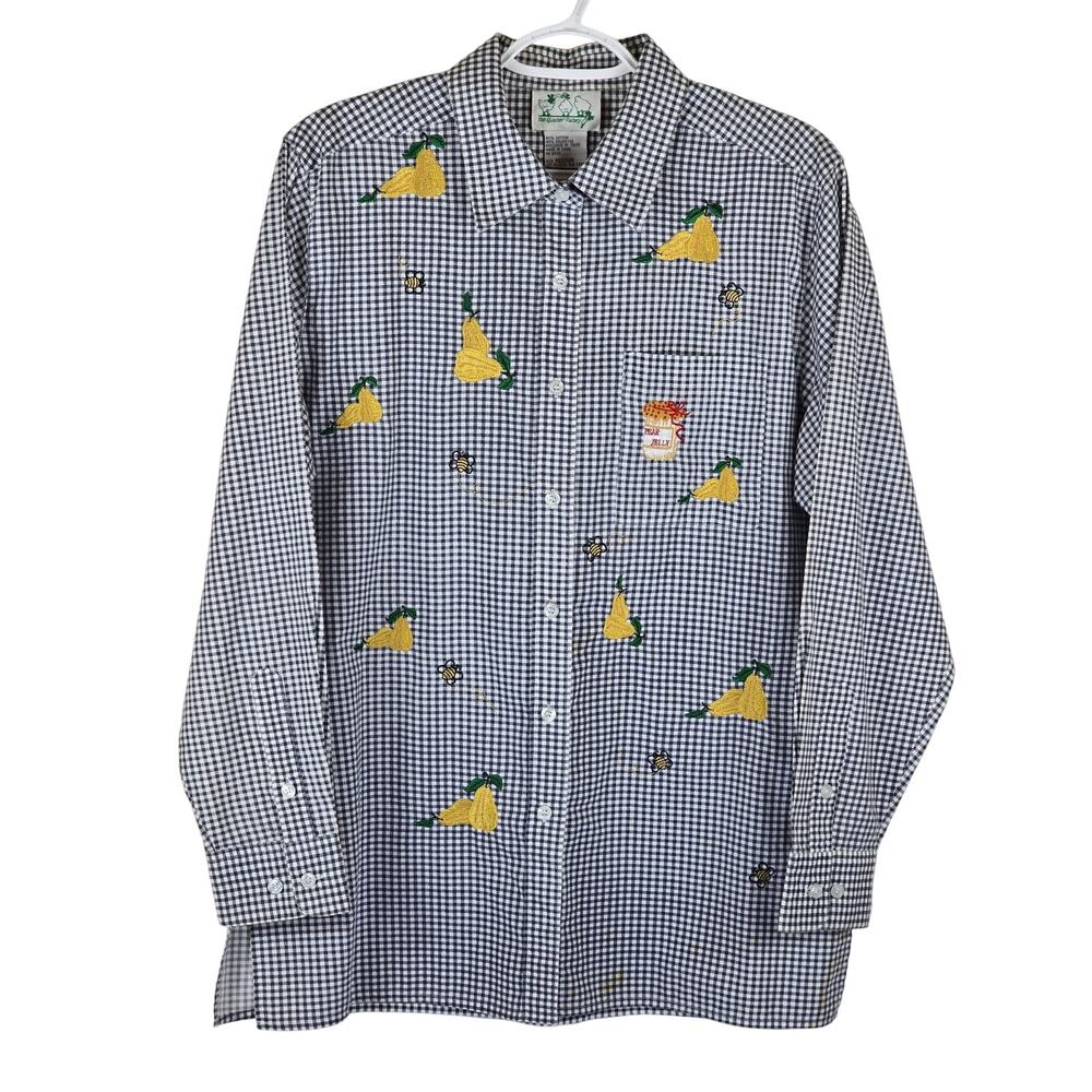 The Quacker Factory Pears Bees Novelty Blue Checkered Women's Dress Shirt M